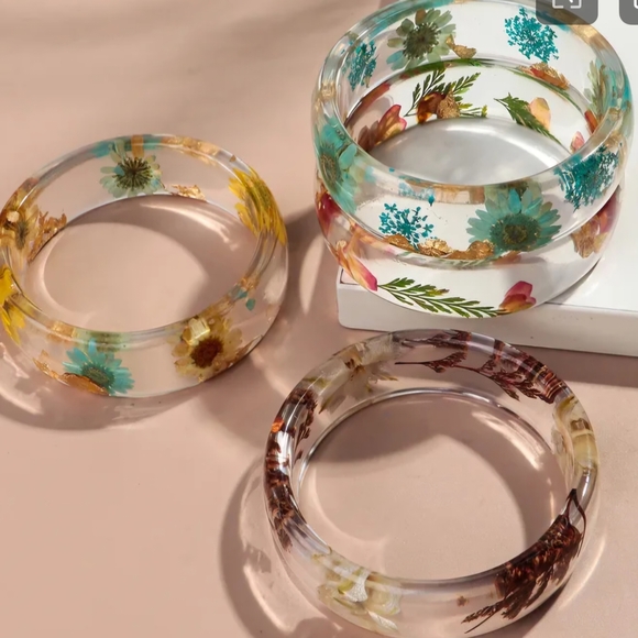 Botanical Resin Bangle Bracelet Blue Yellow Teal Red - Picture 10 of 16